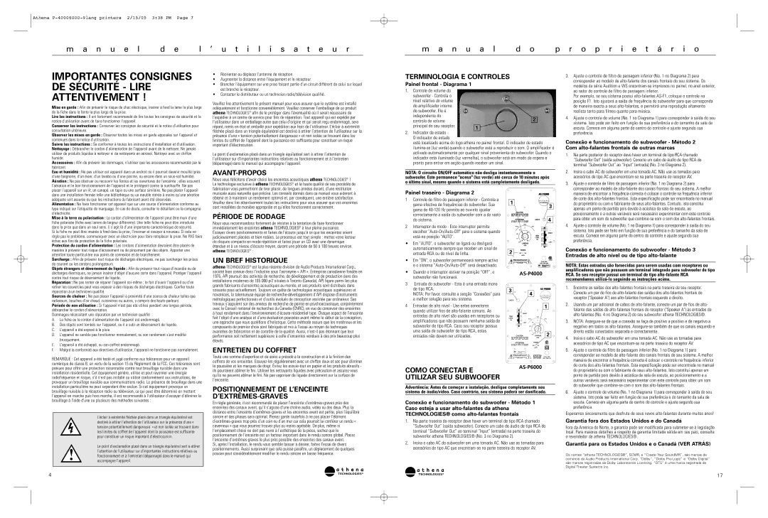 Athena Technologies AS-P6000, AS-P4000 warranty Importantes Consignes DE Sécurité Lire Attentivement 