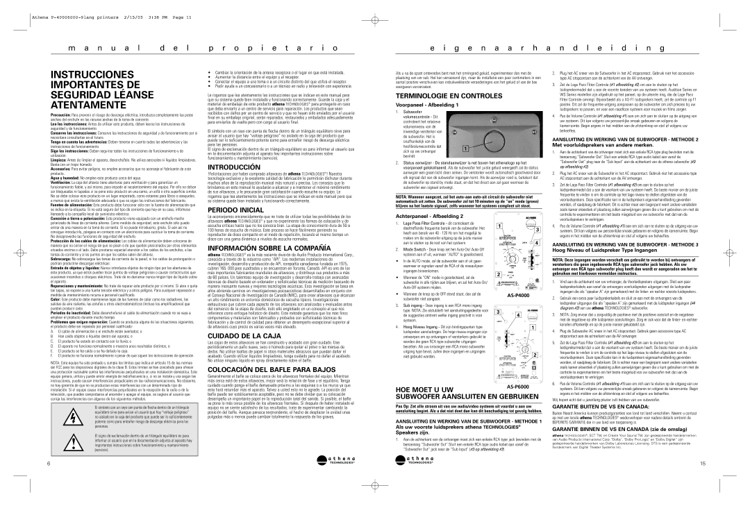 Athena Technologies AS-P6000, AS-P4000 warranty Instrucciones Importantes DE Seguridad Léanse Atentamente 