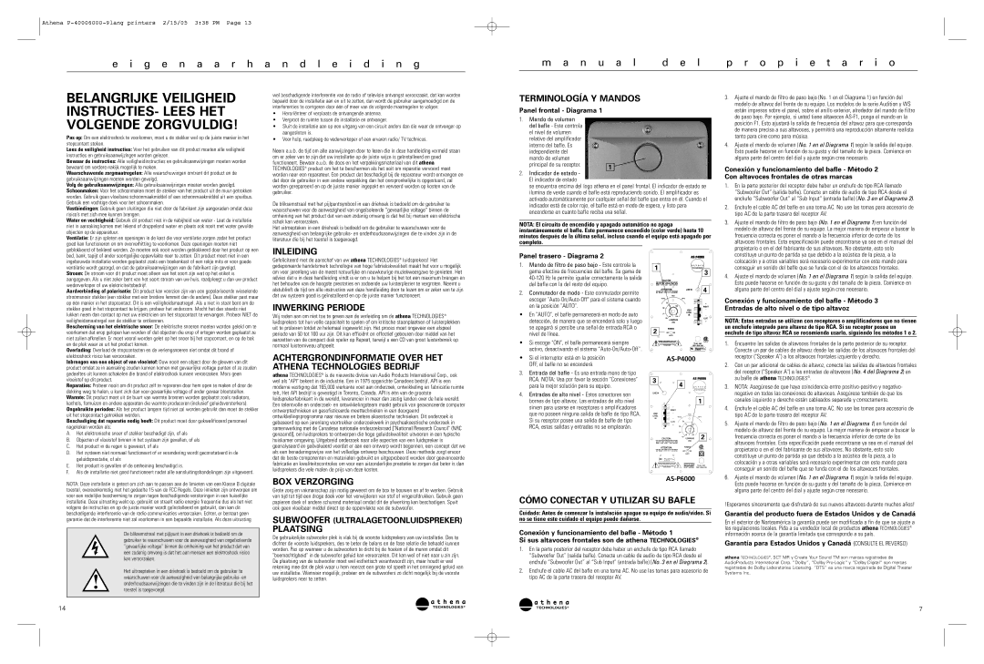 Athena Technologies AS-P4000, AS-P6000 warranty Inleiding Terminología Y Mandos, Inwerking Periode, BOX Verzorging 