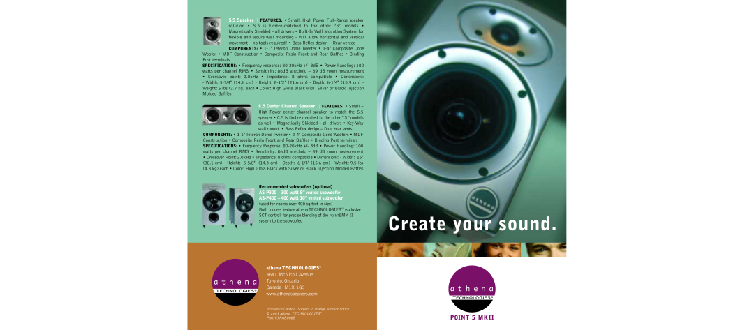 Athena Technologies S.5, C.5, AS-P400, AS-P300 specifications POINT 5 MKII, athena TECHNOLOGIES, Create your sound 