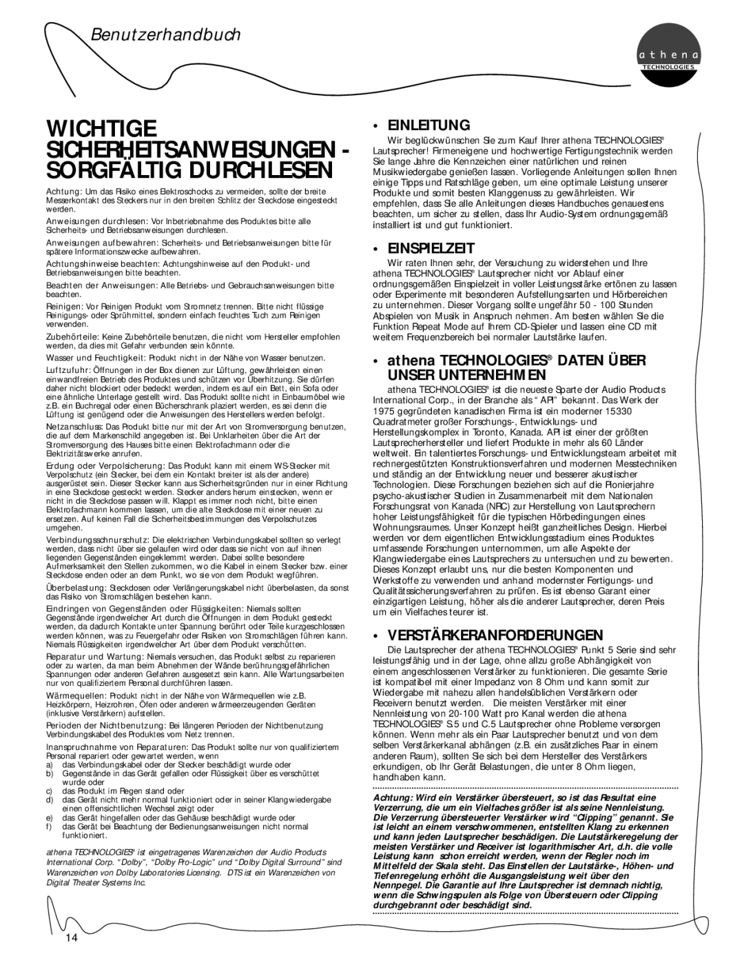 Athena Technologies P.5, C.5, S.5 owner manual Einleitung, Einspielzeit, Unser Unternehmen, Verstärkeranforderungen 