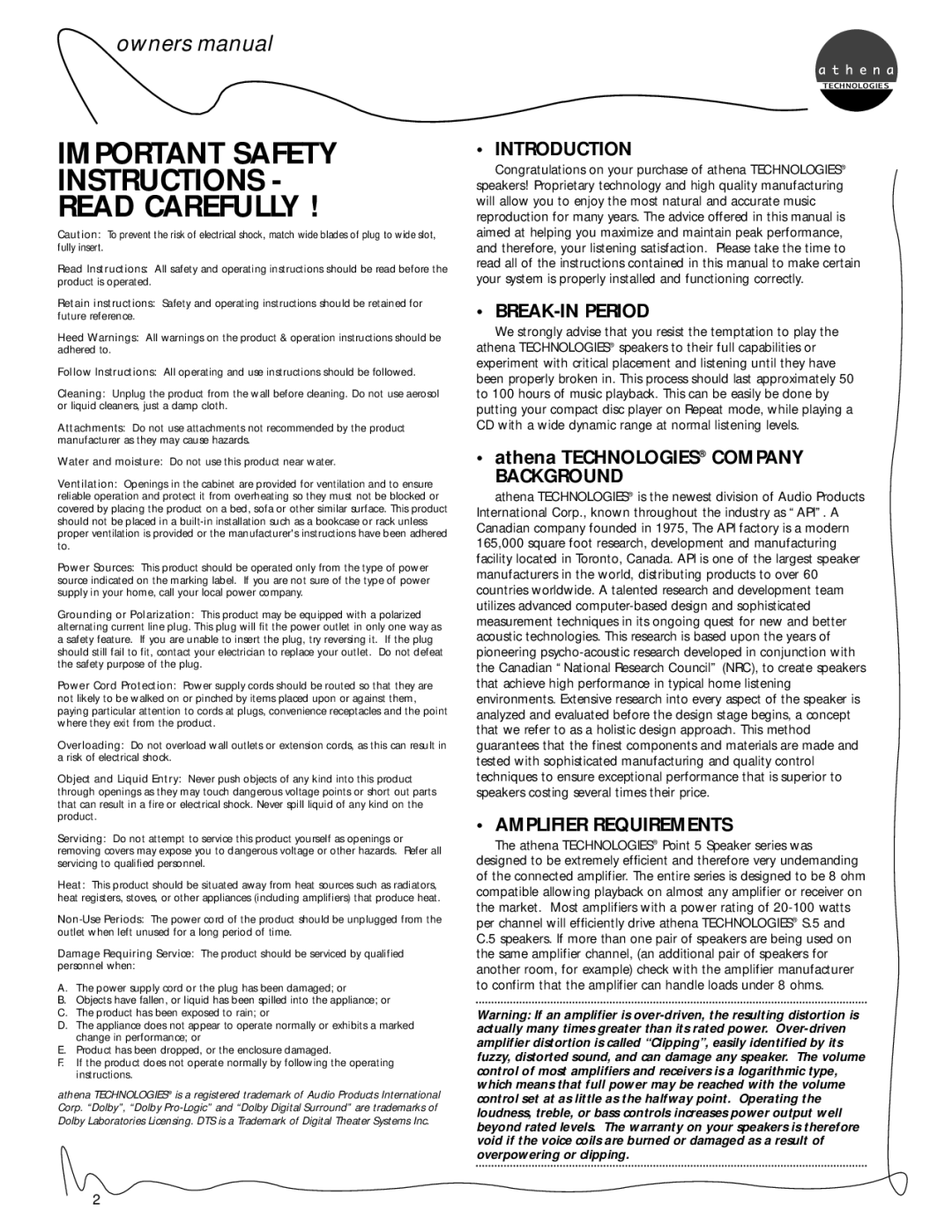 Athena Technologies P.5, C.5, S.5 owner manual Introduction, BREAK-IN Period, Amplifier Requirements 