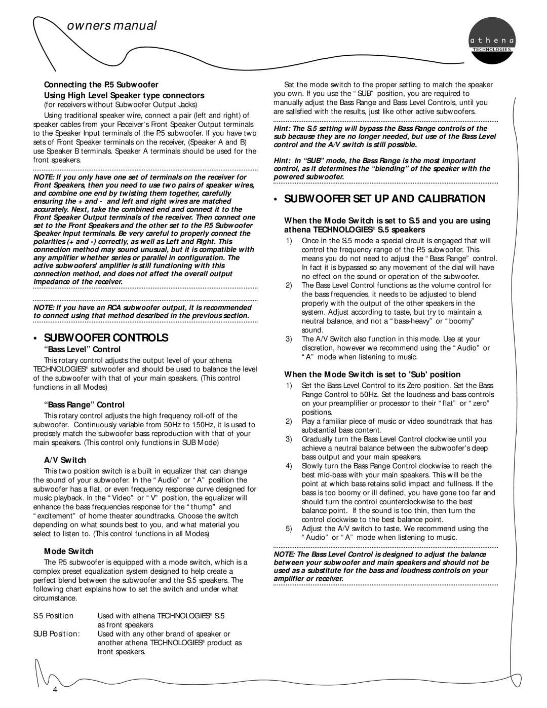 Athena Technologies C.5, S.5, P.5 owner manual Subwoofer Controls, Subwoofer SET UP and Calibration 