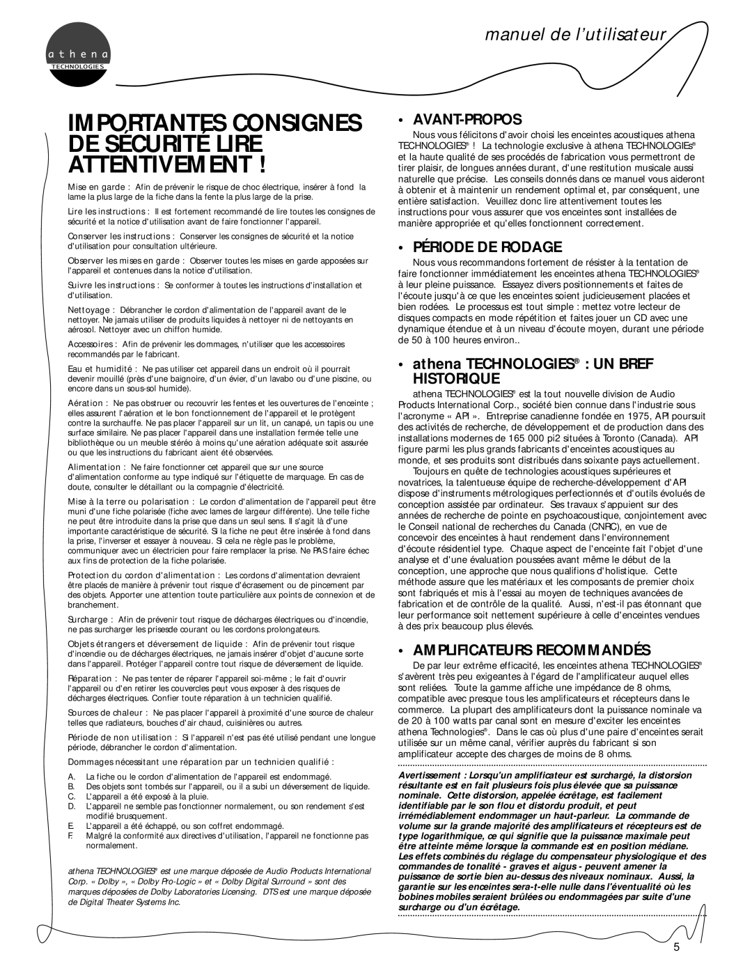 Athena Technologies S.5, C.5, P.5 owner manual Avant-Propos, Période DE Rodage, Historique, Amplificateurs Recommandés 