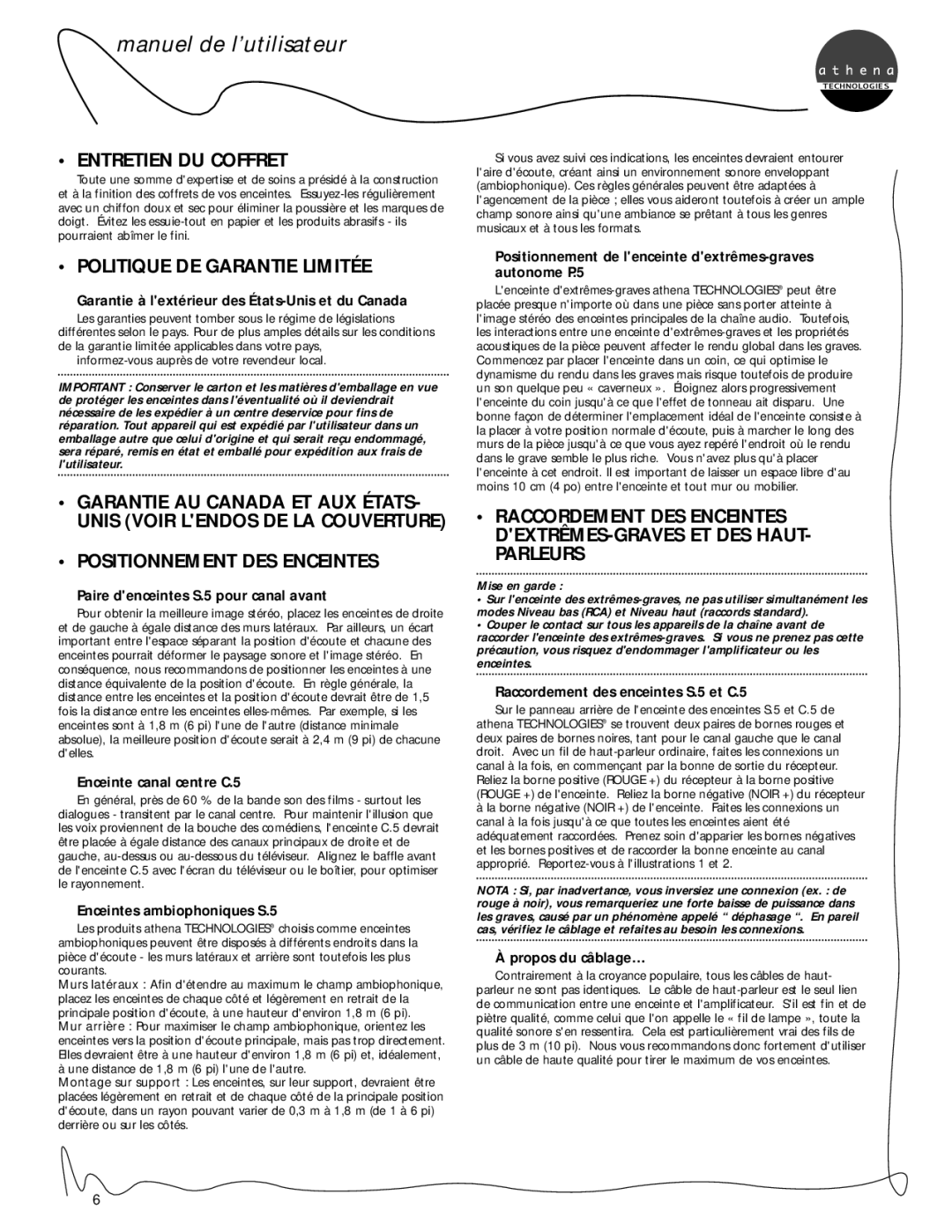 Athena Technologies P.5, C.5, S.5 Entretien DU Coffret, Politique DE Garantie Limitée, Positionnement DES Enceintes 