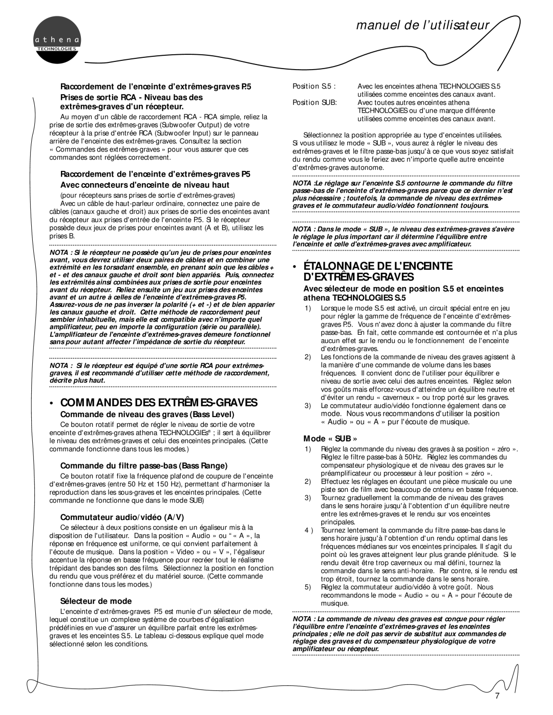 Athena Technologies C.5, S.5, P.5 owner manual Commandes DES EXTRÊMES-GRAVES 