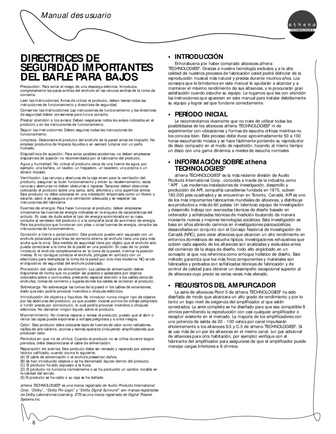 Athena Technologies C.5, S.5, P.5 owner manual Introducción, Período Inicial, Technologies, Requisitos DEL Amplificador 