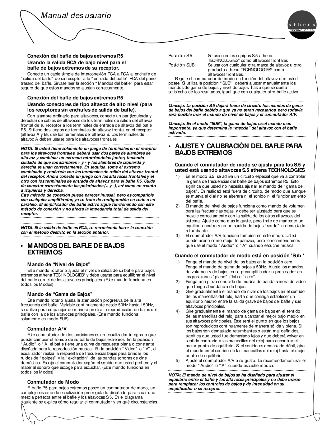 Athena Technologies Mandos Del Bafle De Bajos Extremos, Manual des usuario, Conexión del bafle de bajos extremos P.5 