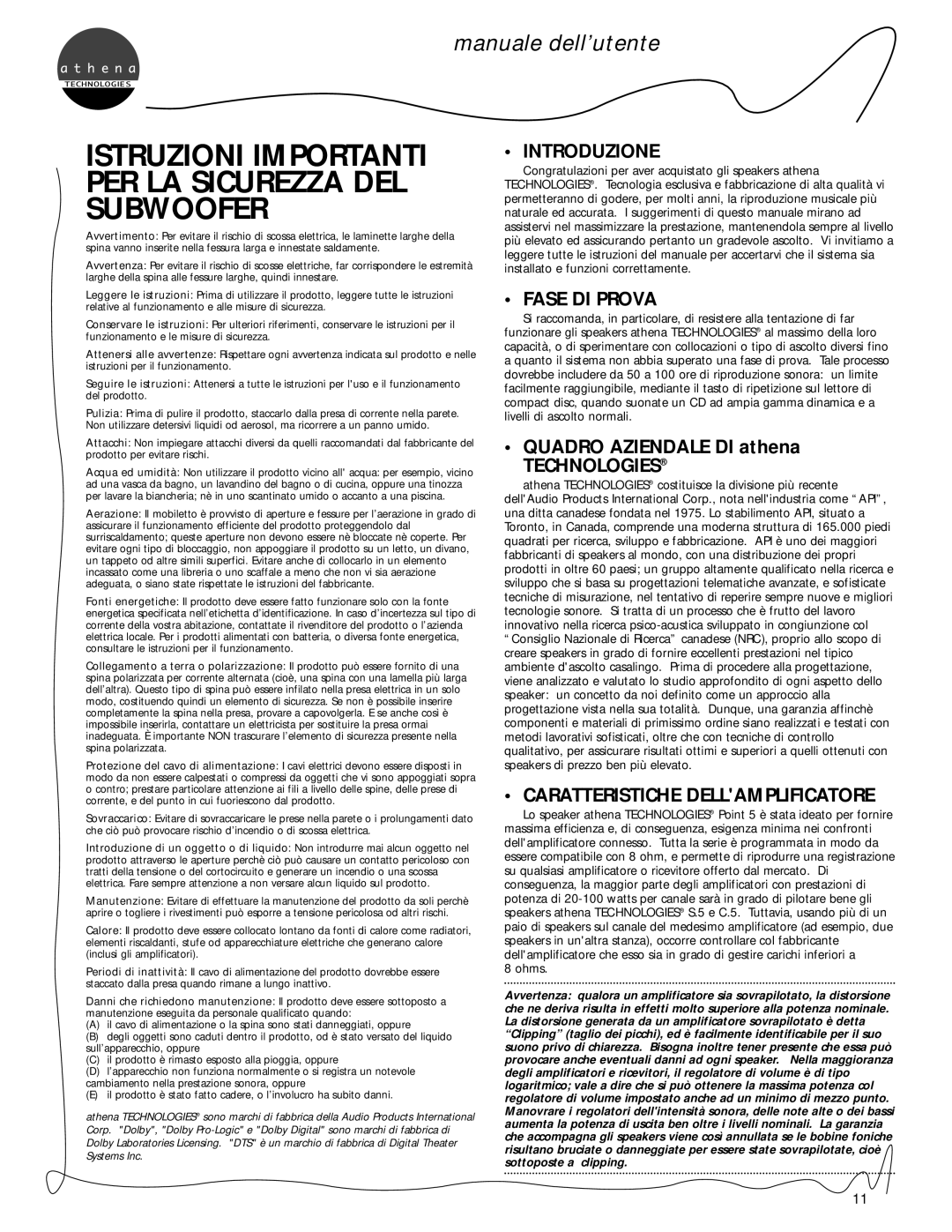 Athena Technologies C.5, S.5 manuale dell’utente, Introduzione, Fase Di Prova, QUADRO AZIENDALE DI athena TECHNOLOGIES 