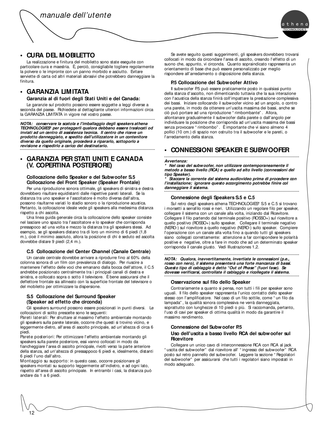 Athena Technologies C.5, S.5 Cura Del Mobiletto, Garanzia Limitata, Connessioni Speaker E Subwoofer, manuale dell’utente 