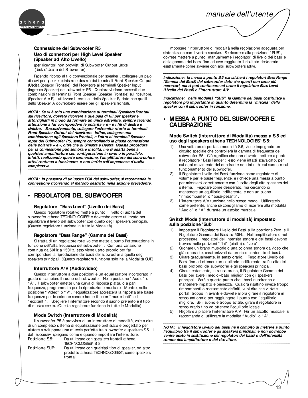 Athena Technologies S.5, C.5, P.5 Regolatori Del Subwoofer, Messa A Punto Del Subwoofer E Calibrazione, manuale dell’utente 