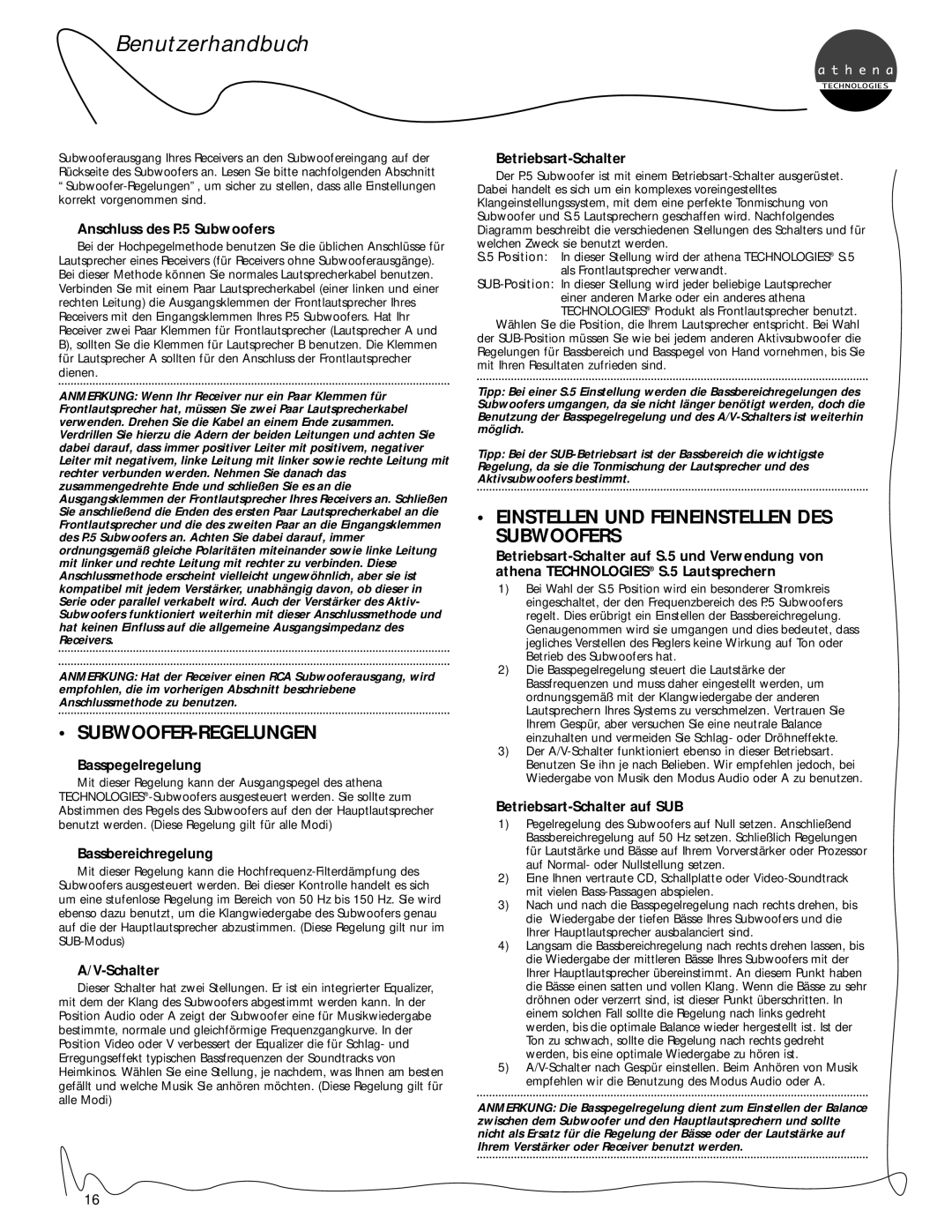Athena Technologies C.5 Subwoofer-Regelungen, Einstellen Und Feineinstellen Des Subwoofers, Benutzerhandbuch, A/V-Schalter 