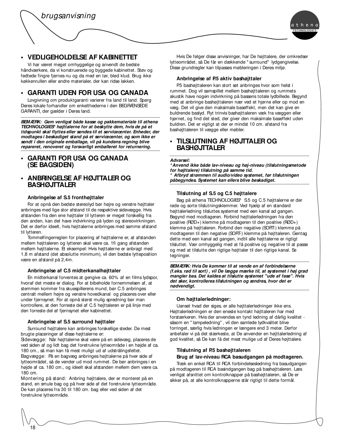 Athena Technologies P.5, C.5, S.5 owner manual Vedligeholdelse Af Kabinettet, Garanti Uden For Usa Og Canada, brugsanvisning 