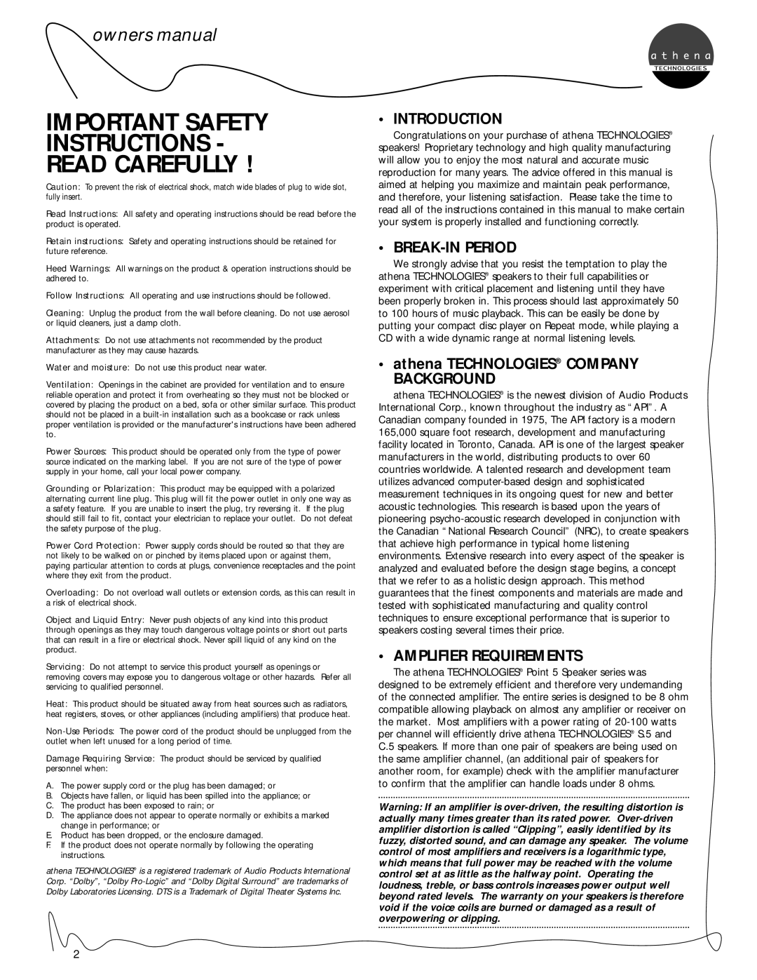Athena Technologies P.5 Important Safety Instructions Read Carefully, Introduction, Break-Inperiod, Amplifier Requirements 