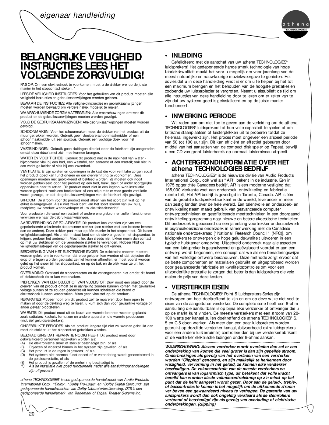 Athena Technologies C.5, S.5, P.5 eigenaar handleiding, Inleiding, Inwerking Periode, Achtergrondinformatie Over Het 