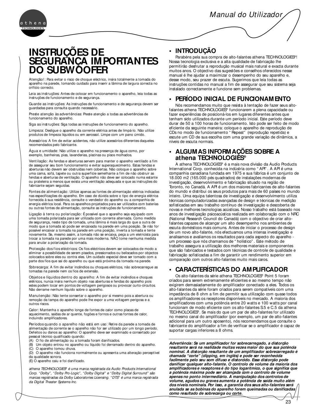 Athena Technologies C.5, S.5, P.5 Instruções De, Segurança Importantes Do Subwoofer, Manual do Utilizador, Introdução 