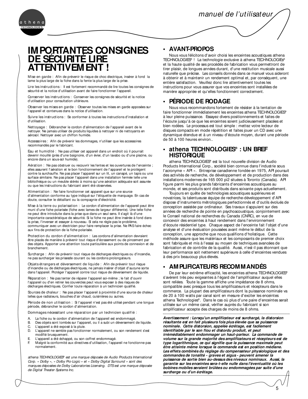 Athena Technologies S.5 manuel de l’utilisateur, Avant-Propos, Période De Rodage, athena TECHNOLOGIES UN BREF HISTORIQUE 