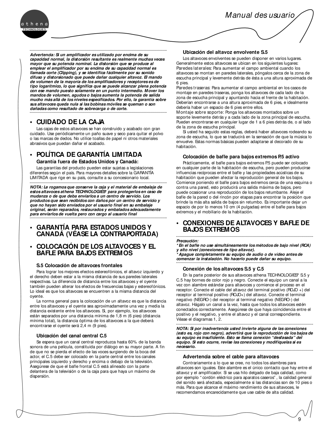 Athena Technologies S.5, C.5, P.5 owner manual Cuidado De La Caja, Política De Garantía Limitada, Manual des usuario 