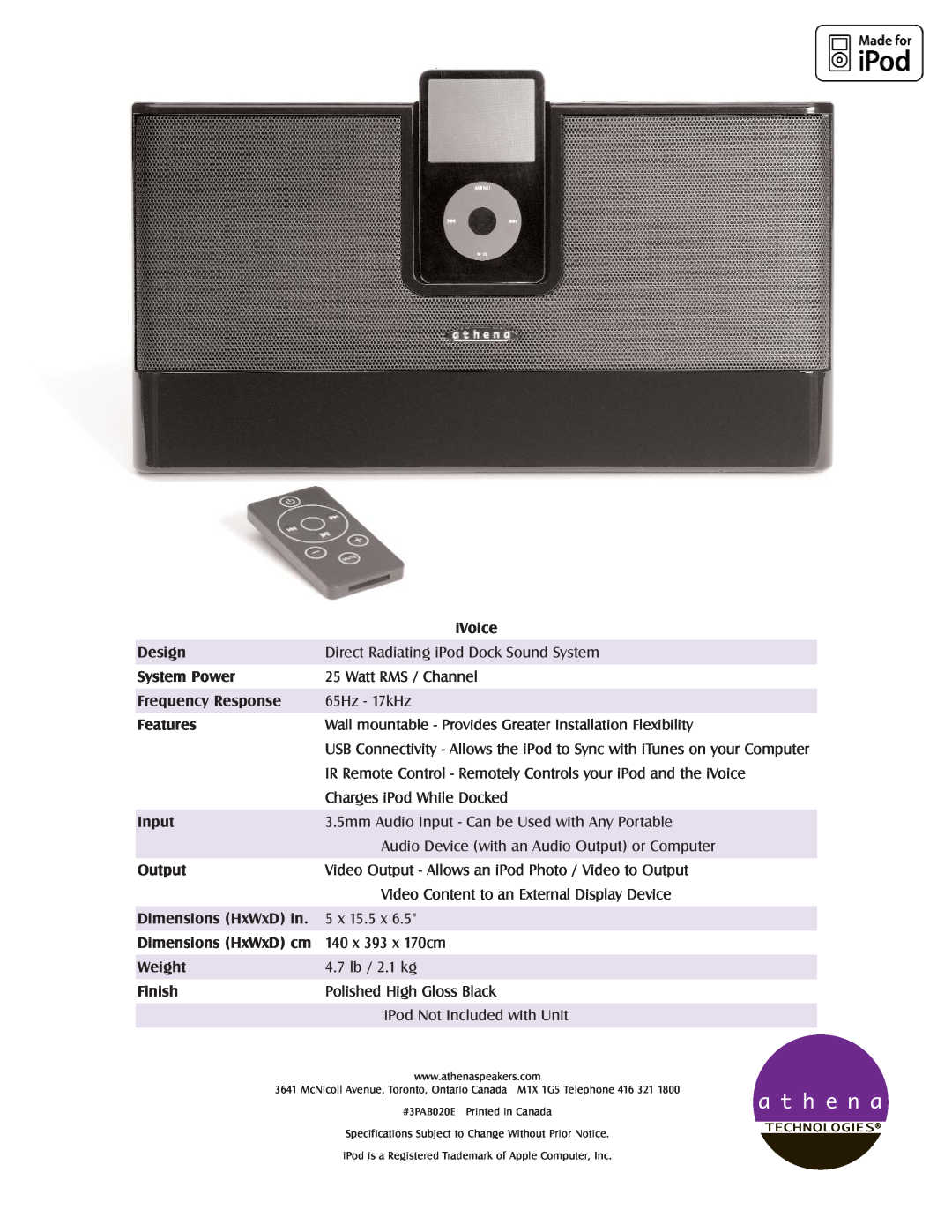 Athena Technologies iPod Docking Station manual iVoice 