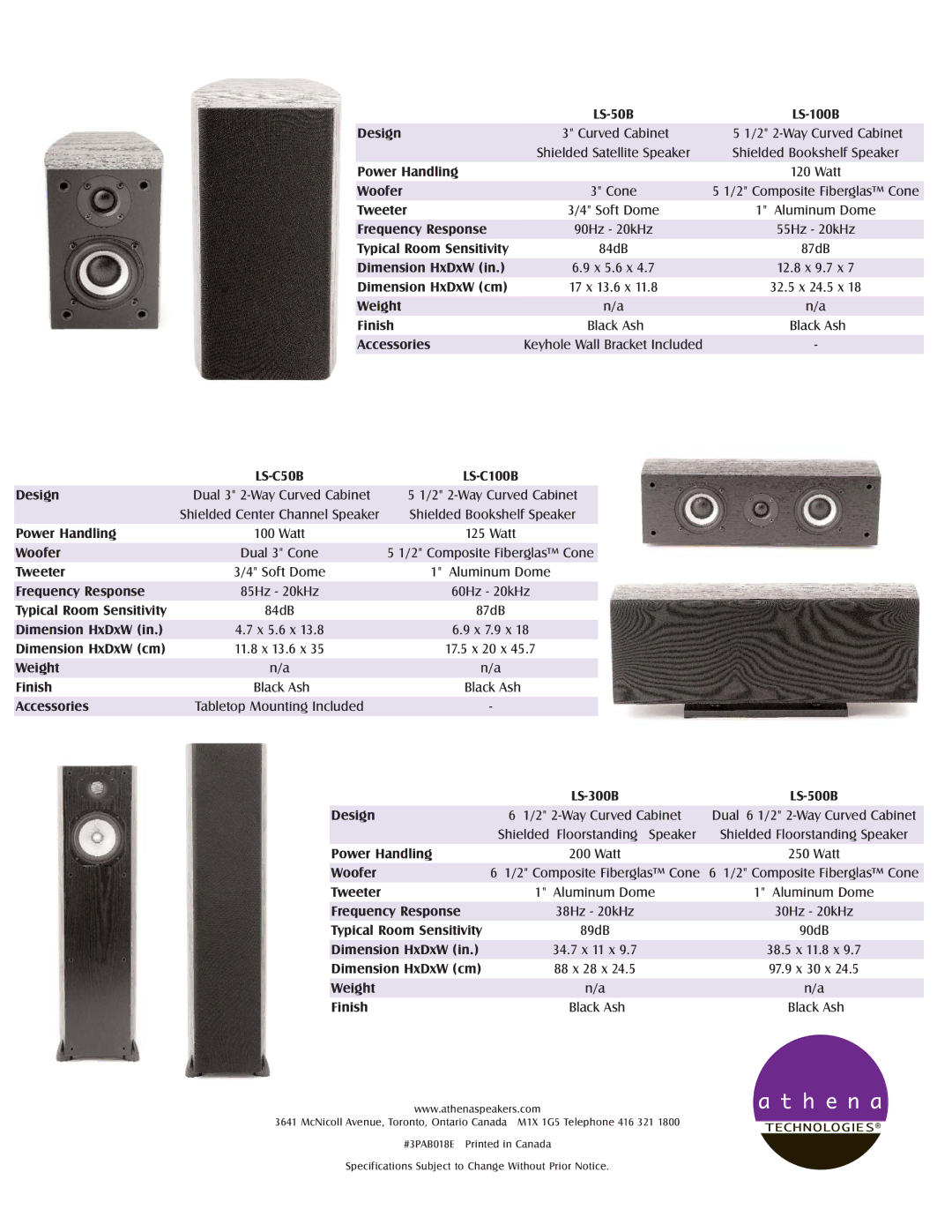 Athena Technologies LS-100B, LS-50B Design, Power Handling, Woofer, Tweeter, Frequency Response, Typical Room Sensitivity 