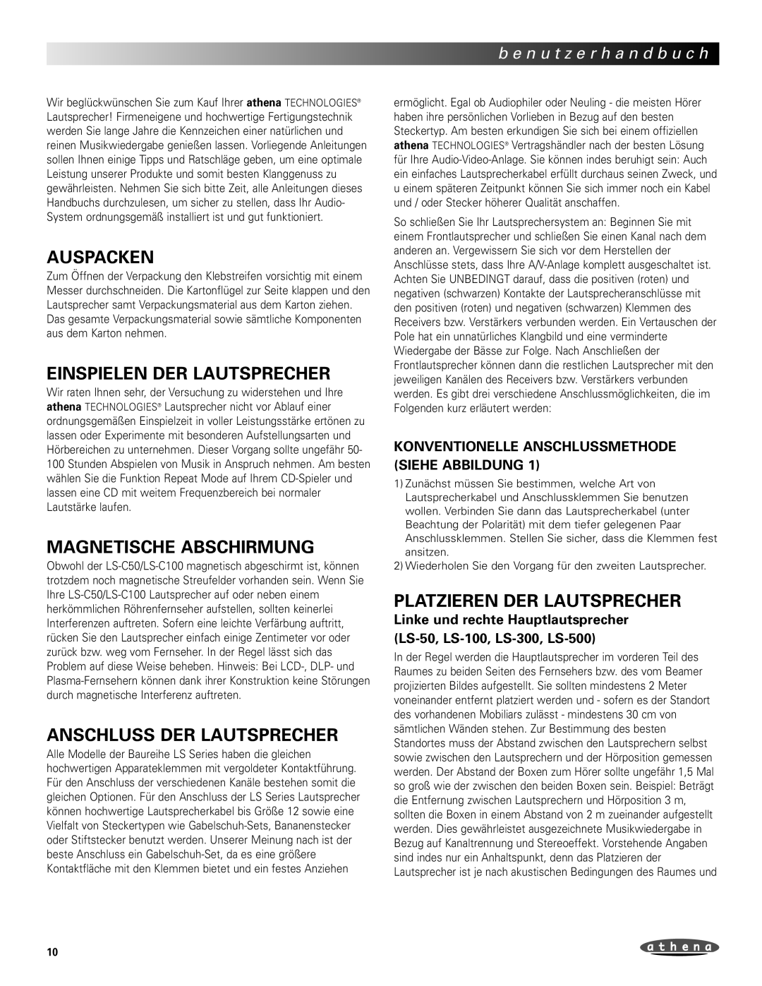 Athena Technologies LS-300 Auspacken, Einspielen DER Lautsprecher, Magnetische Abschirmung, Anschluss DER Lautsprecher 