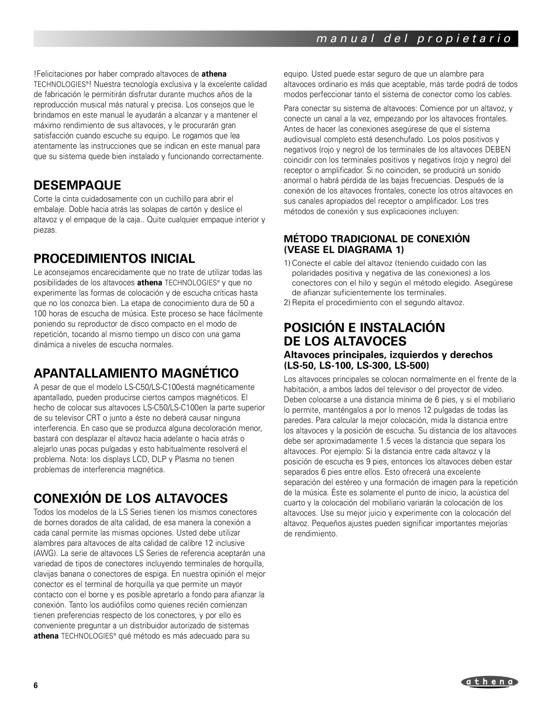 Athena Technologies LS-C50, LS-50 Desempaque, Procedimientos Inicial, Apantallamiento Magnético, Conexión DE LOS Altavoces 