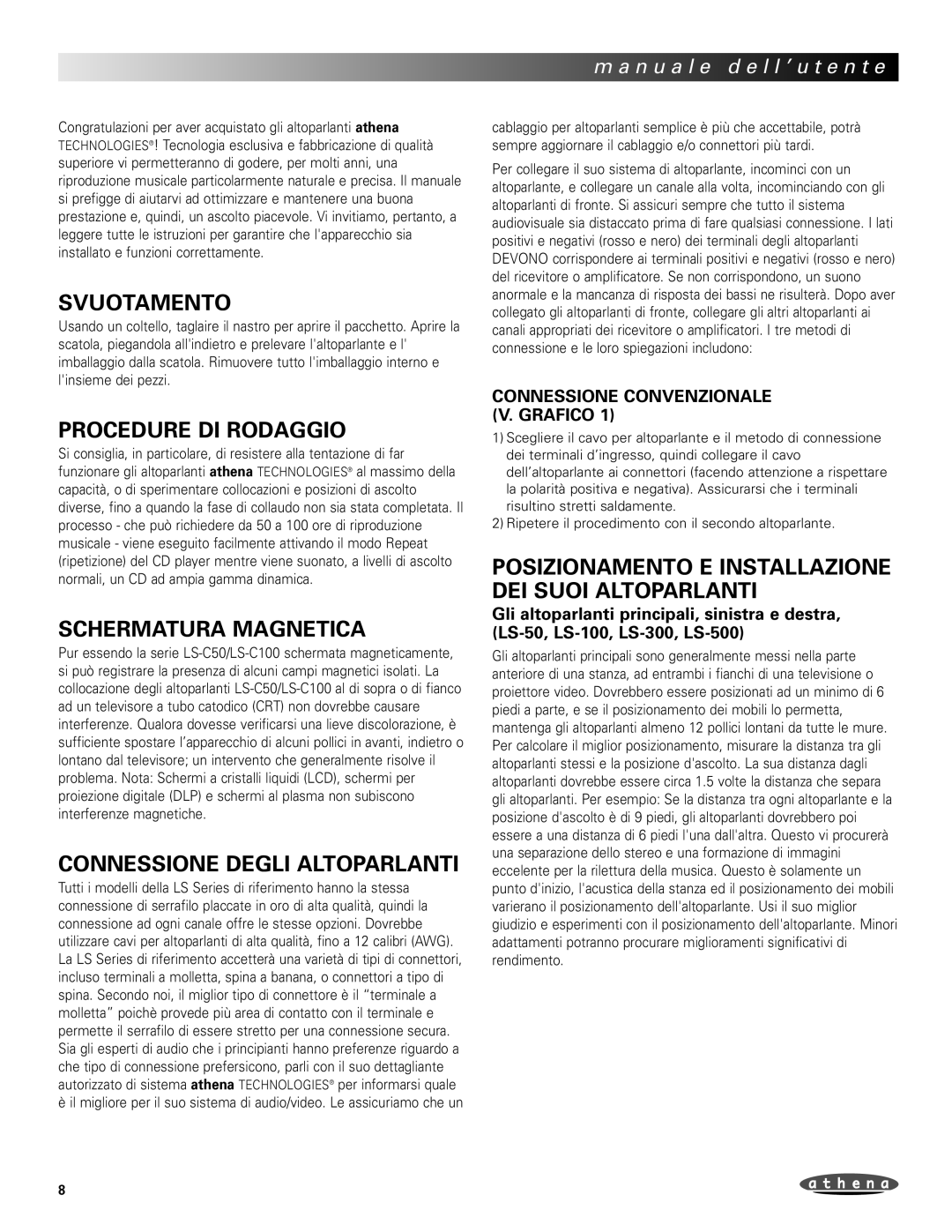 Athena Technologies LS-C100 Svuotamento, Procedure DI Rodaggio, Schermatura Magnetica, Connessione Degli Altoparlanti 