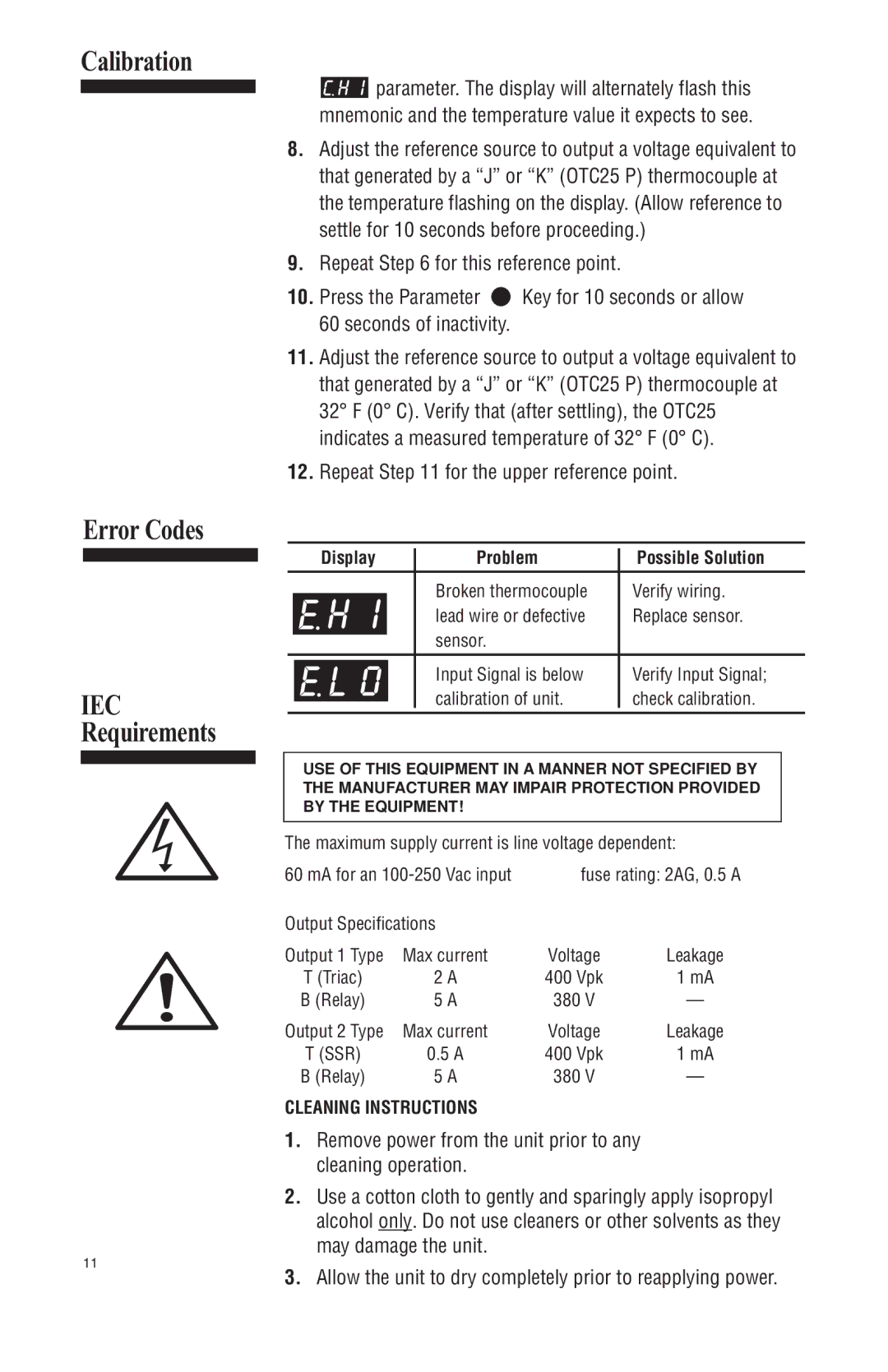 Athena Technologies OTC25 N, P, L instruction manual Calibration Error Codes, Repeat for the upper reference point 