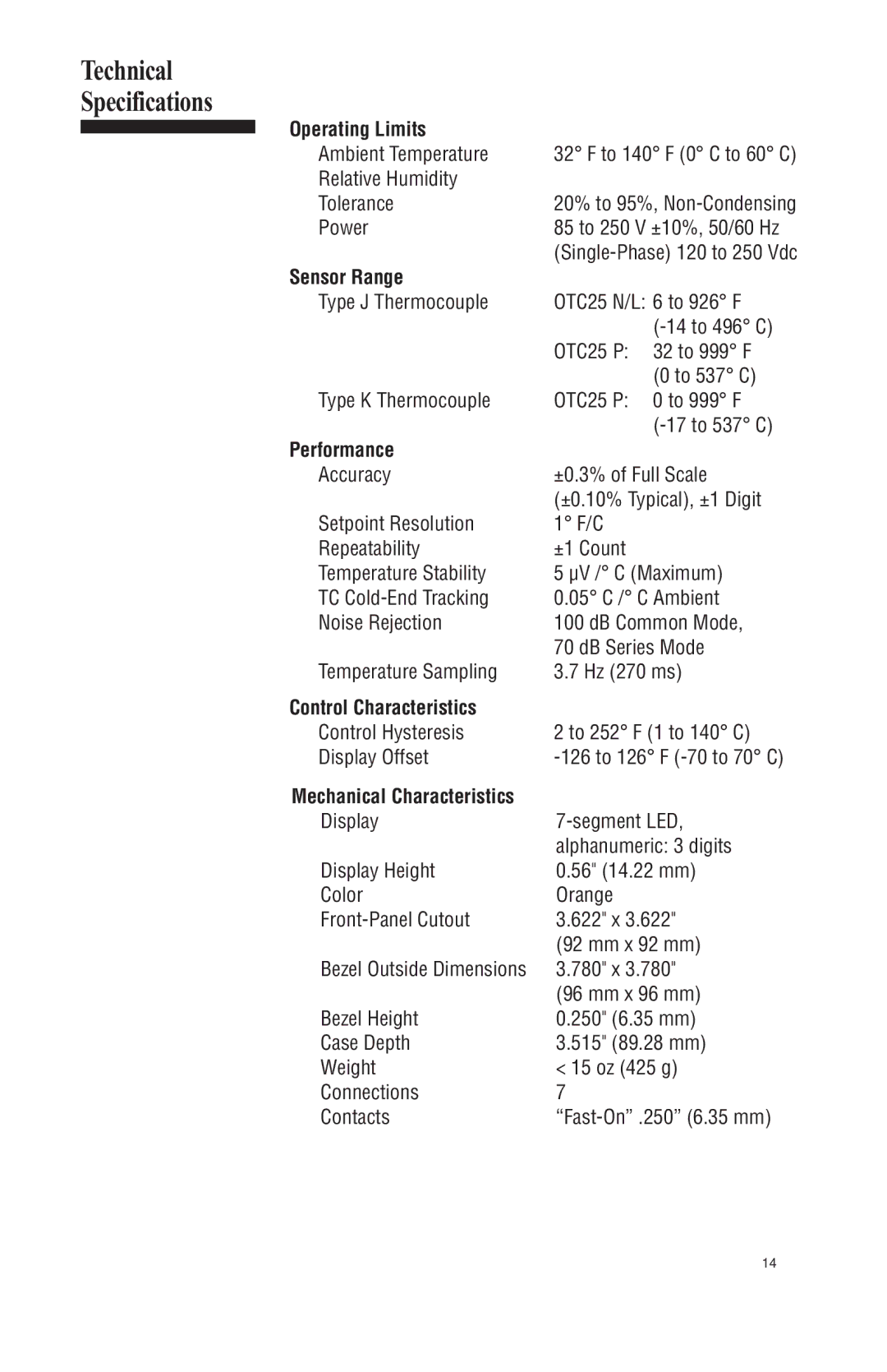 Athena Technologies OTC25 N Technical Specifications, Operating Limits, Sensor Range, Performance, Control Characteristics 