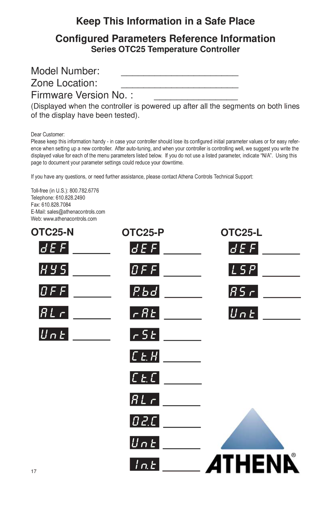 Athena Technologies OTC25 N instruction manual OTC25-NOTC25-POTC25-L 