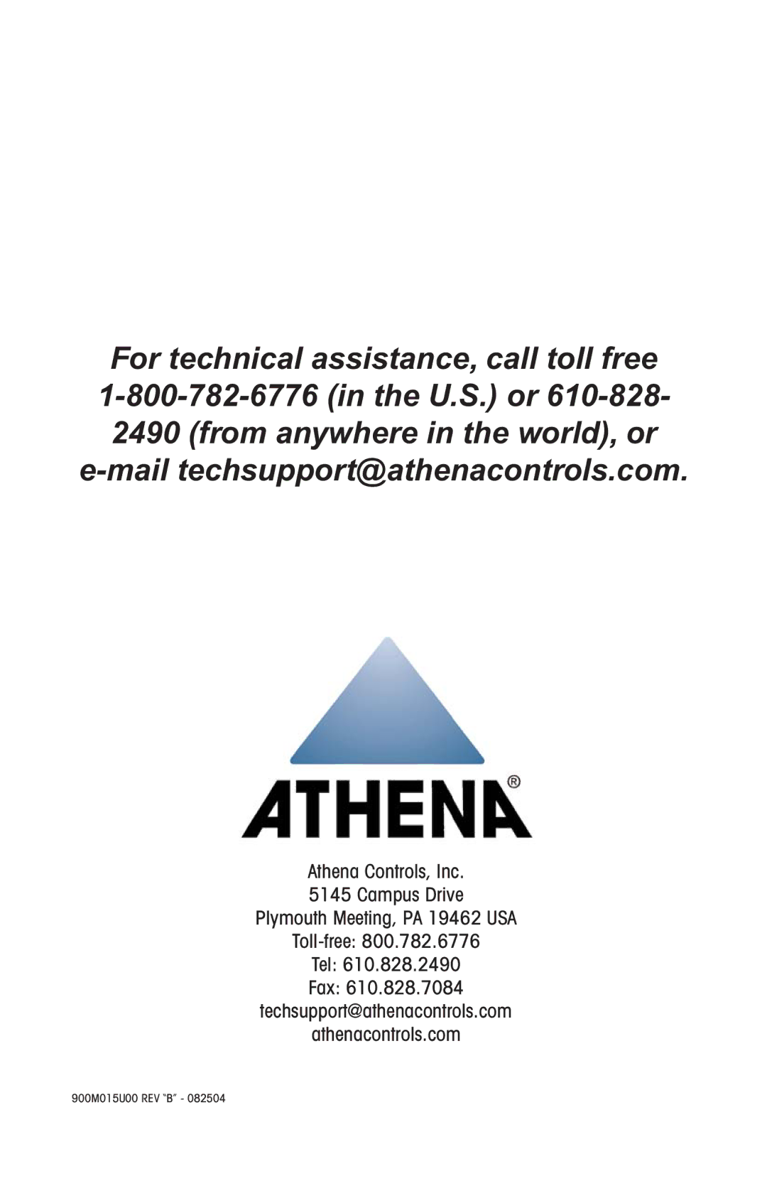 Athena Technologies P, L, OTC25 N instruction manual For technical assistance, call toll free 