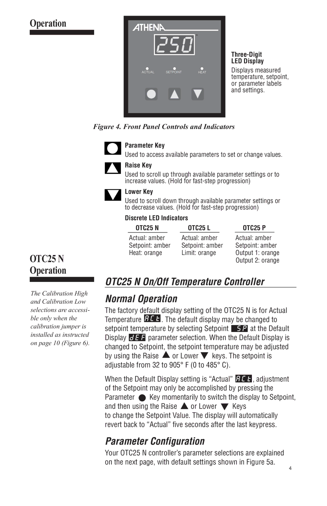 Athena Technologies L instruction manual OTC25 N On/Off Temperature Controller Normal Operation, Parameter Configuration 