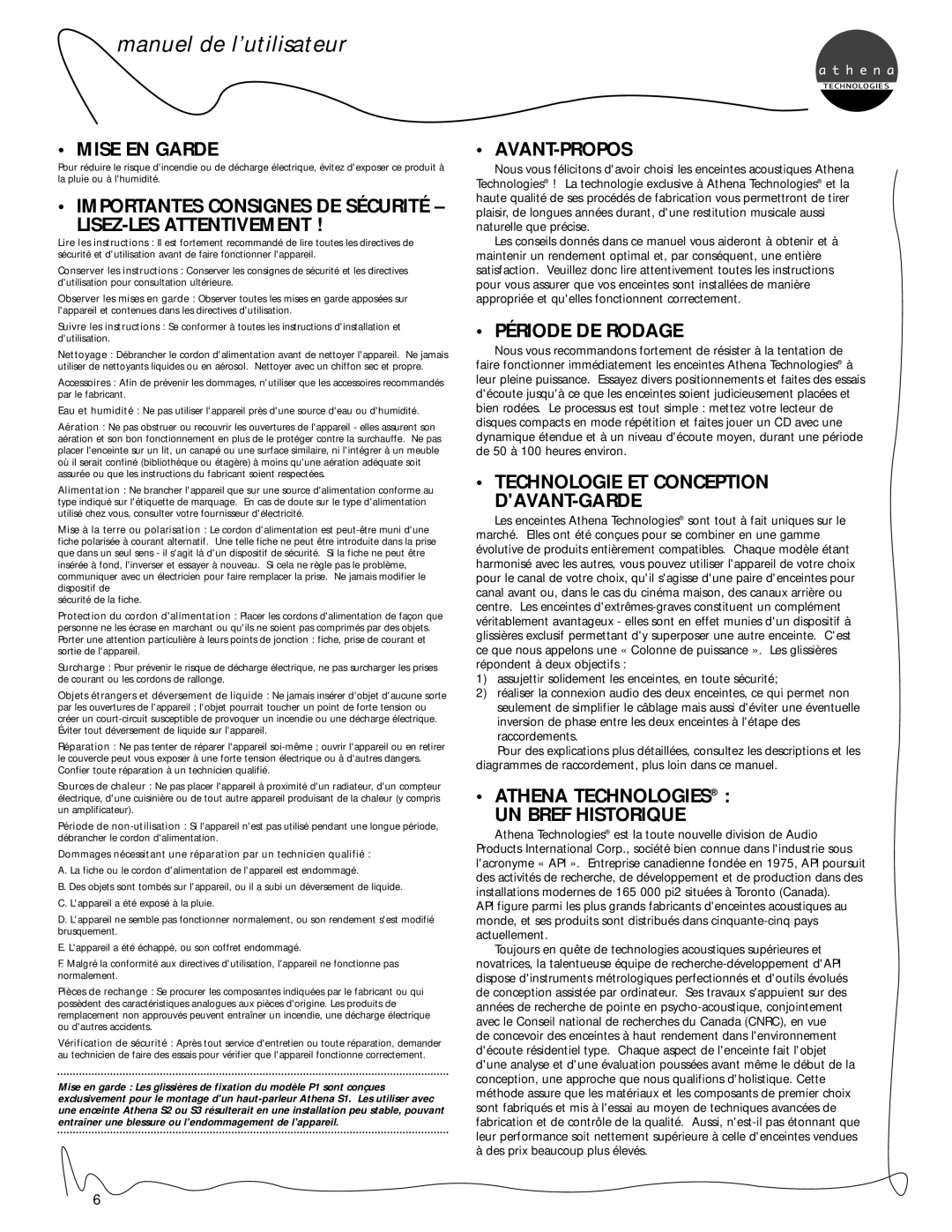 Athena Technologies C1, S3, S2, S1, P3, P1, P2 Mise EN Garde, LISEZ-LES Attentivement, Avant-Propos, Période DE Rodage 