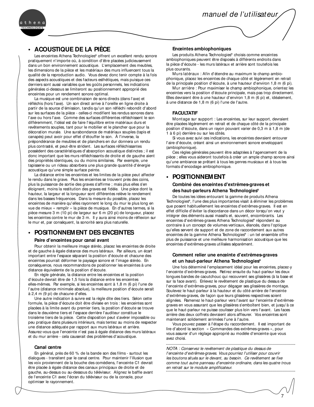 Athena Technologies S3, S2, S1, P3, P1, P2, C1 owner manual Acoustique DE LA Pièce, Positionnement DES Enceintes 