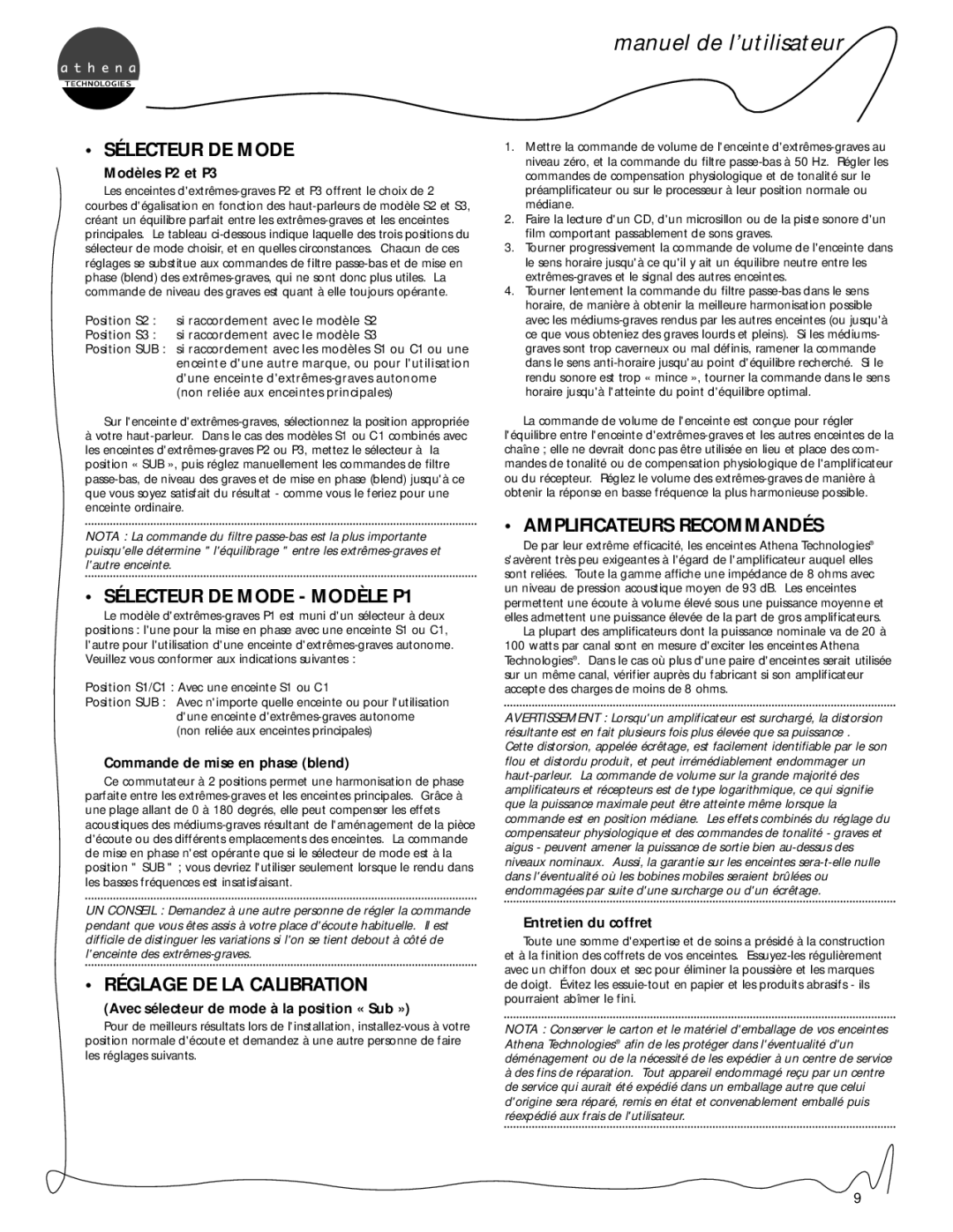 Athena Technologies S1, S3, S2, P3, P2 Sélecteur DE Mode Modèle P1, Réglage DE LA Calibration, Amplificateurs Recommandés 