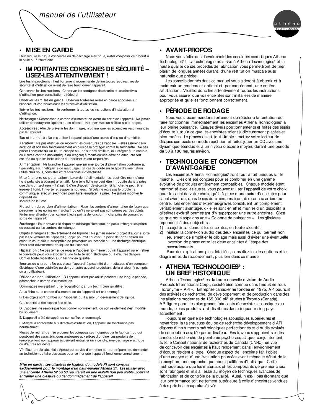 Athena Technologies C1, S3 manuel de l’utilisateur, Mise En Garde, Lisez-Lesattentivement, Avant-Propos, Période De Rodage 