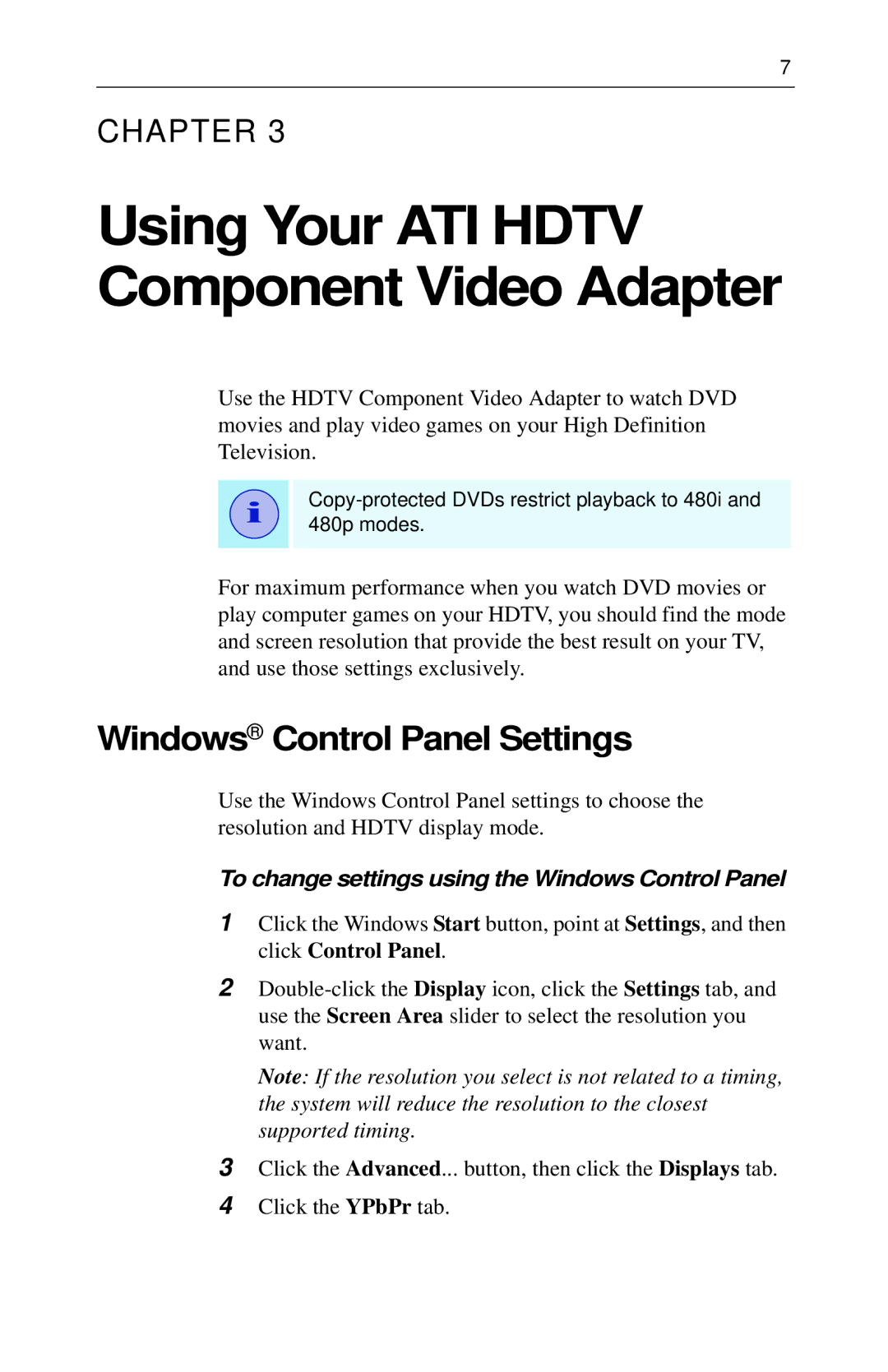 ATI Technologies 117-70104-30 specifications Using Your ATI Hdtv Component Video Adapter, Windows Control Panel Settings 