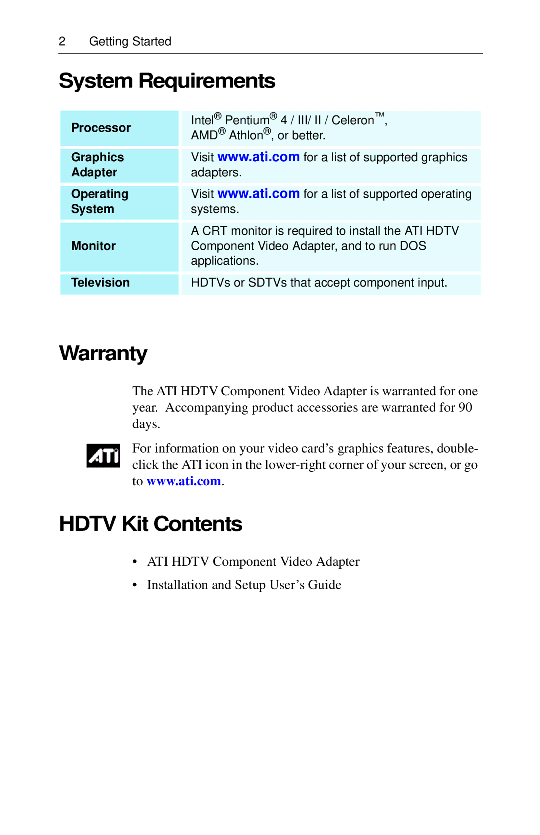 ATI Technologies 117-70104-30 specifications System Requirements, Warranty, Hdtv Kit Contents 