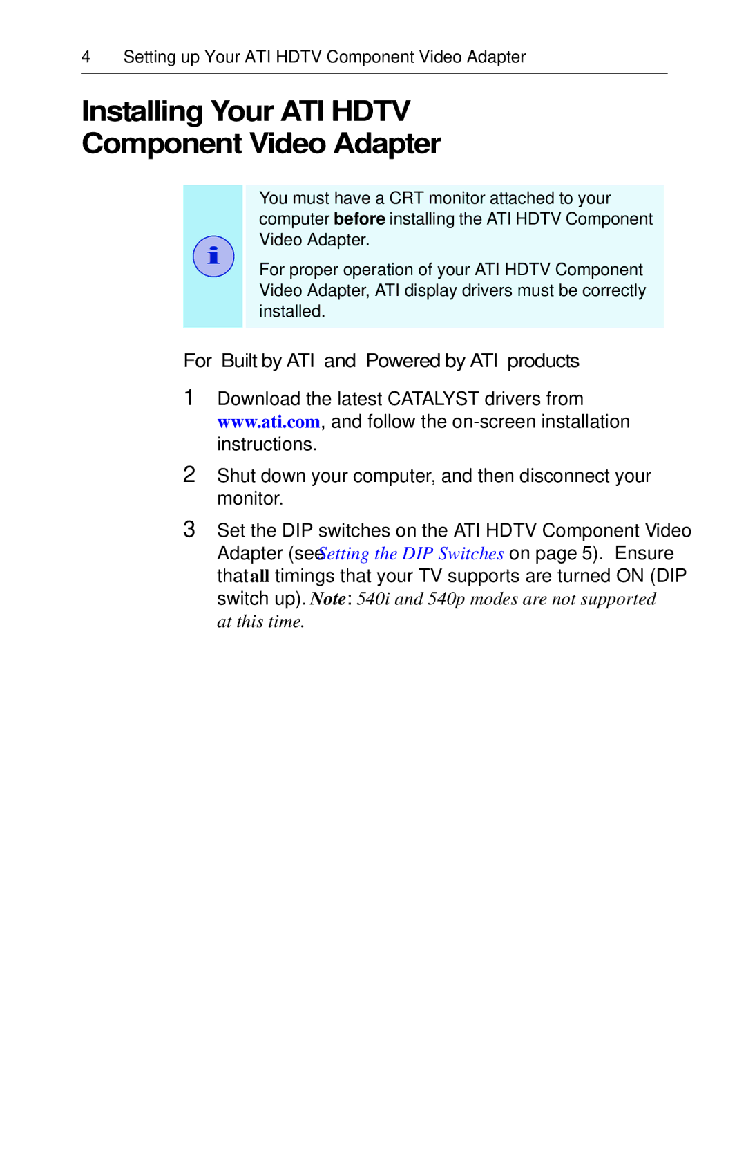 ATI Technologies 117-70104-30 specifications Installing Your ATI Hdtv Component Video Adapter 