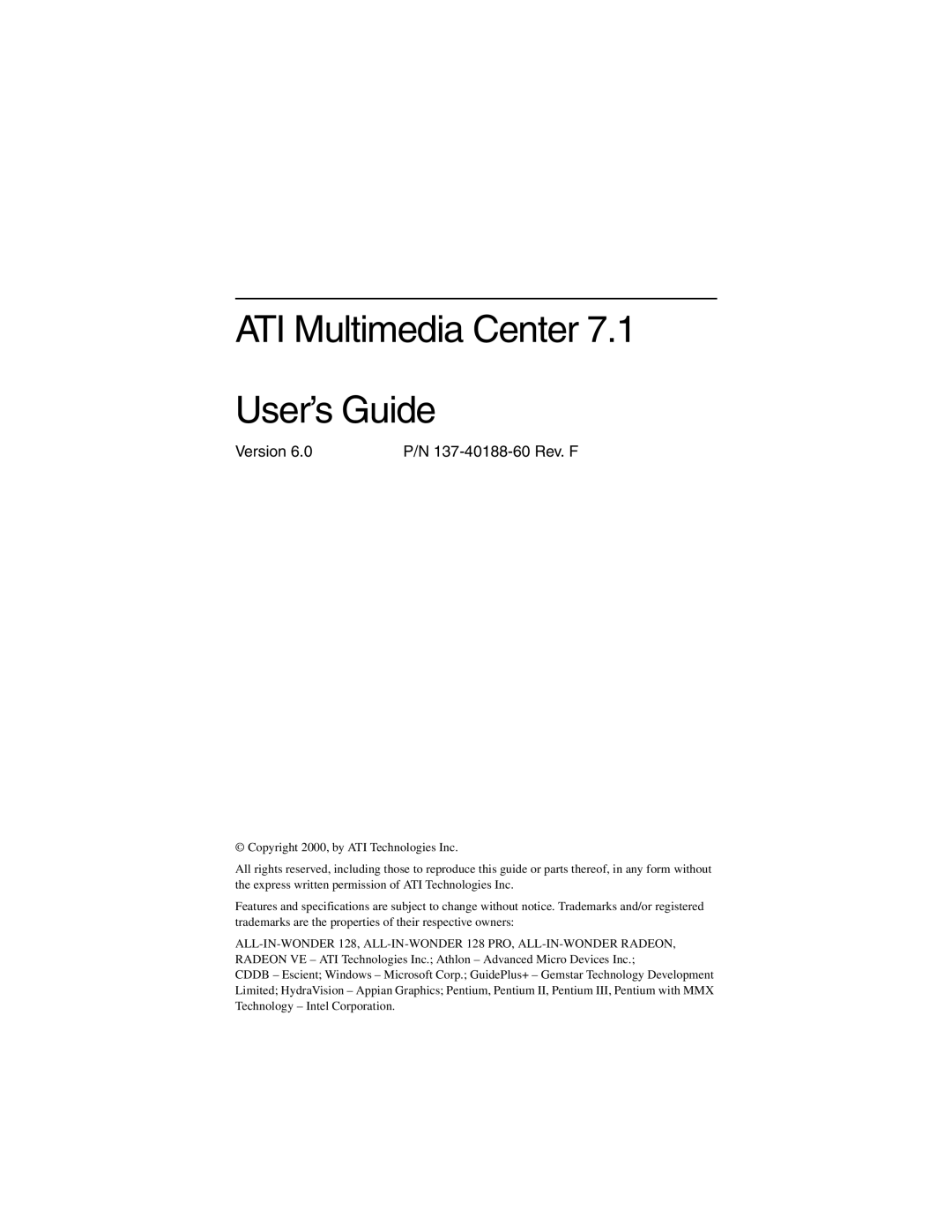 ATI Technologies 137-40188-60 specifications ATI Multimedia Center User’s Guide 