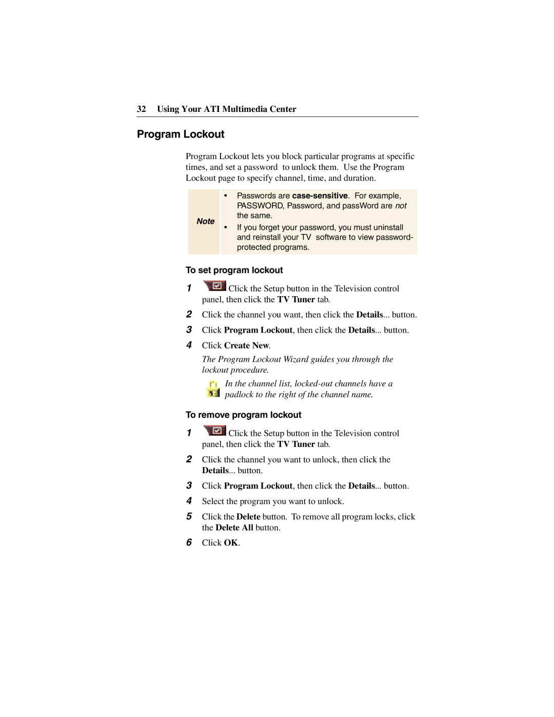 ATI Technologies 137-40188-60 Program Lockout, To set program lockout, Click Create New, To remove program lockout 