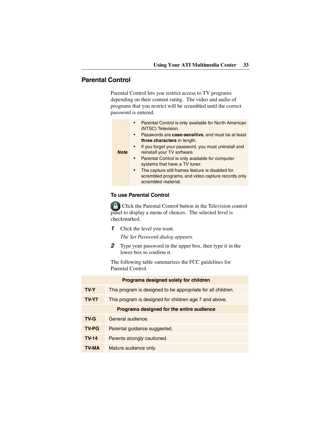 ATI Technologies 137-40188-60 specifications To use Parental Control 