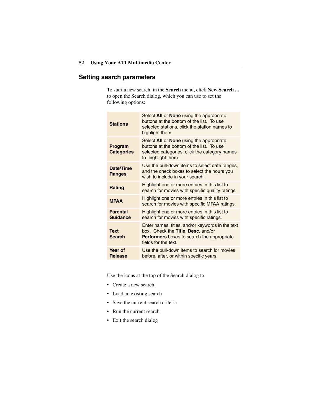 ATI Technologies 137-40188-60 specifications Setting search parameters 