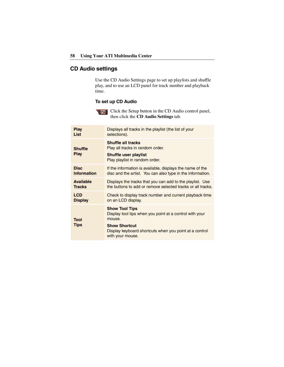 ATI Technologies 137-40188-60 CD Audio settings, To set up CD Audio, Click the Setup button in the CD Audio control panel 