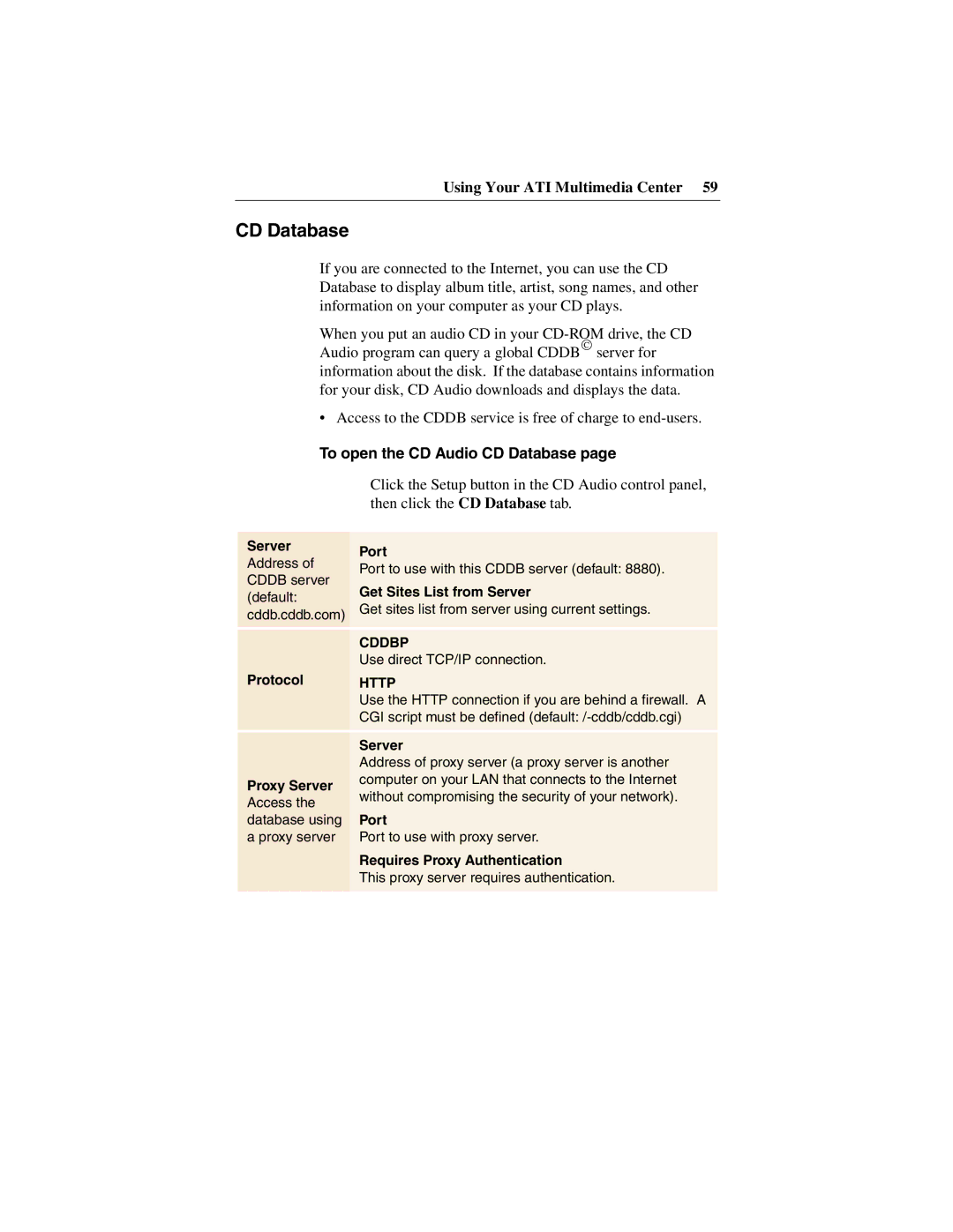 ATI Technologies 137-40188-60 specifications To open the CD Audio CD Database 