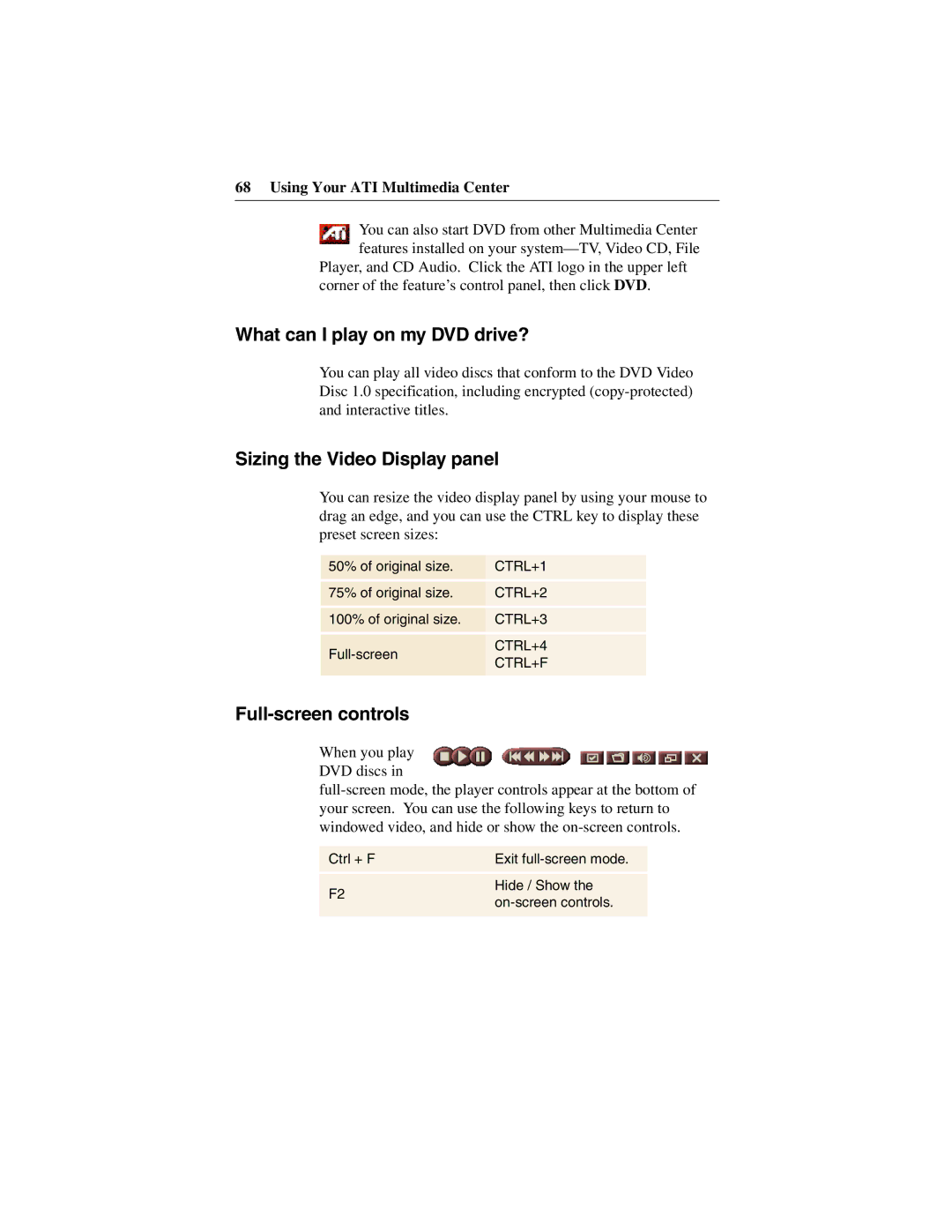 ATI Technologies 137-40188-60 What can I play on my DVD drive?, Sizing the Video Display panel, Full-screen controls 
