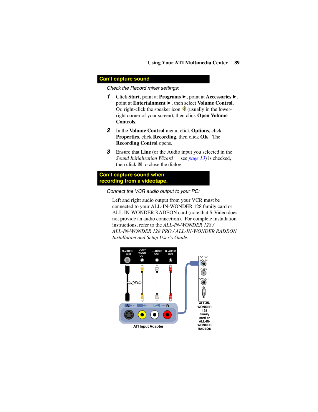 ATI Technologies 137-40188-60 specifications Can’t capture sound 