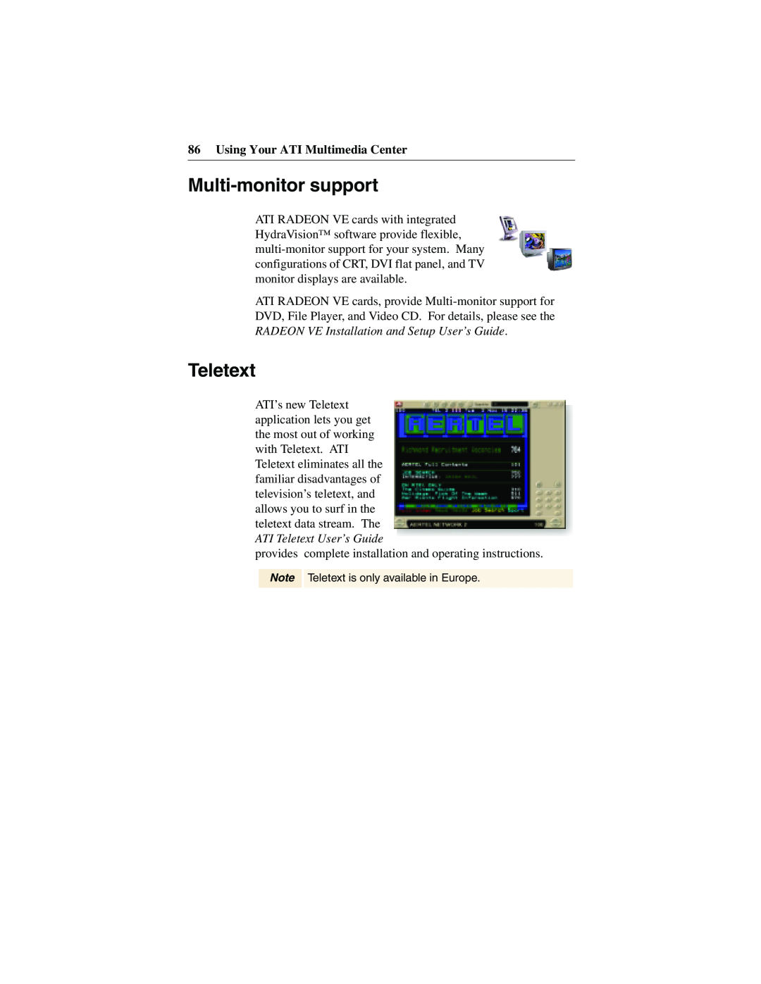 ATI Technologies 137-40188-60 specifications Multi-monitorsupport, Teletext, Using Your ATI Multimedia Center 