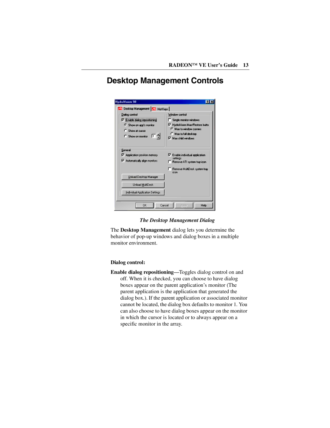 ATI Technologies VE, 137-40225-20 manual Desktop Management Controls, Desktop Management Dialog 