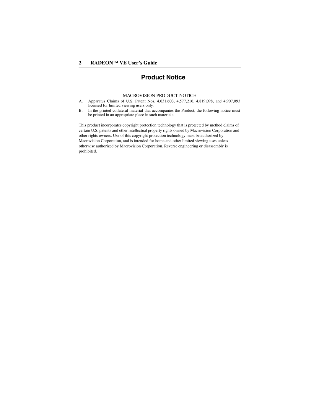 ATI Technologies 137-40225-20, VE manual Macrovision Product Notice 